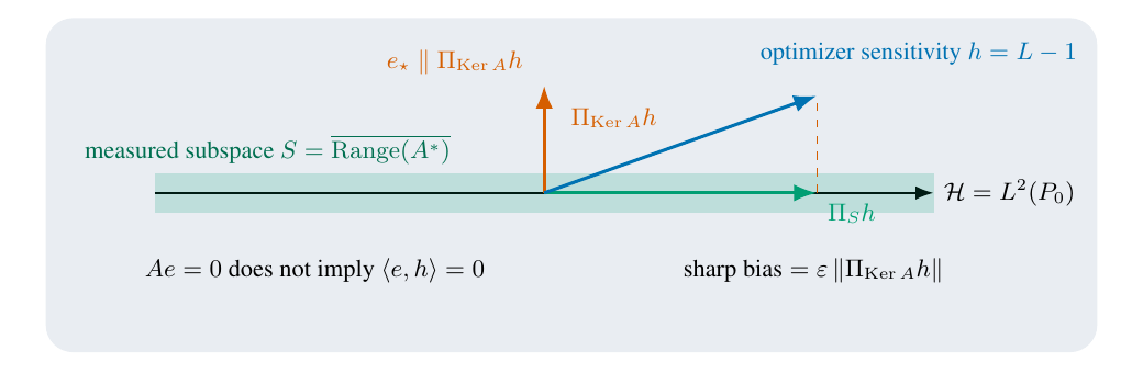 Validation geometry diagram showing optimizer sensitivity decomposed into measured and validation-invisible components, with the invisible projection determining sharp worst-case proxy bias.